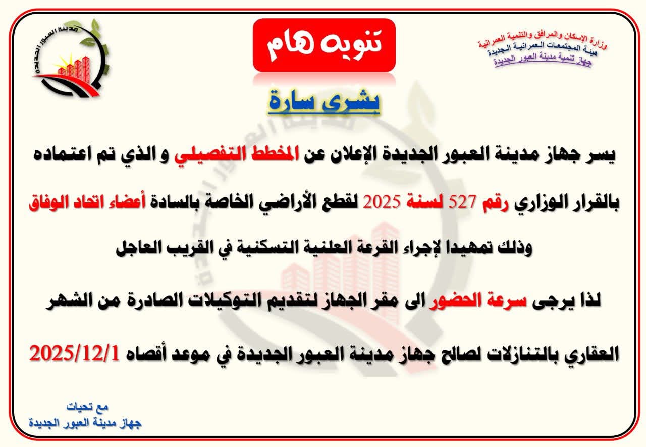 اعتماد المخطط التفصيلي لأراضي اتحاد الوفاق تمهيدًا للقرعة السكنية بالعبور الجديدة