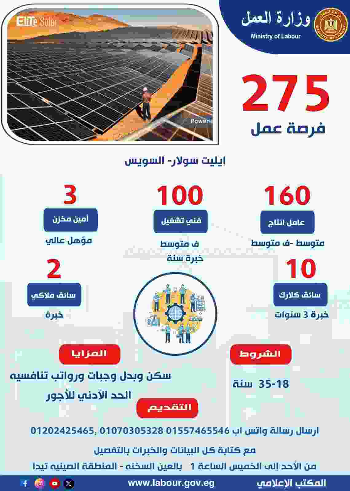 توفير 275 فرصة عمل جديدة للشباب بشركة 