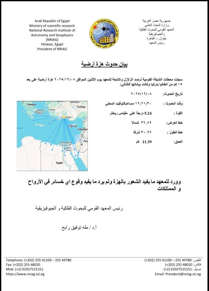 هزة أرضية في تركيا تمتد آثارها إلى مصر