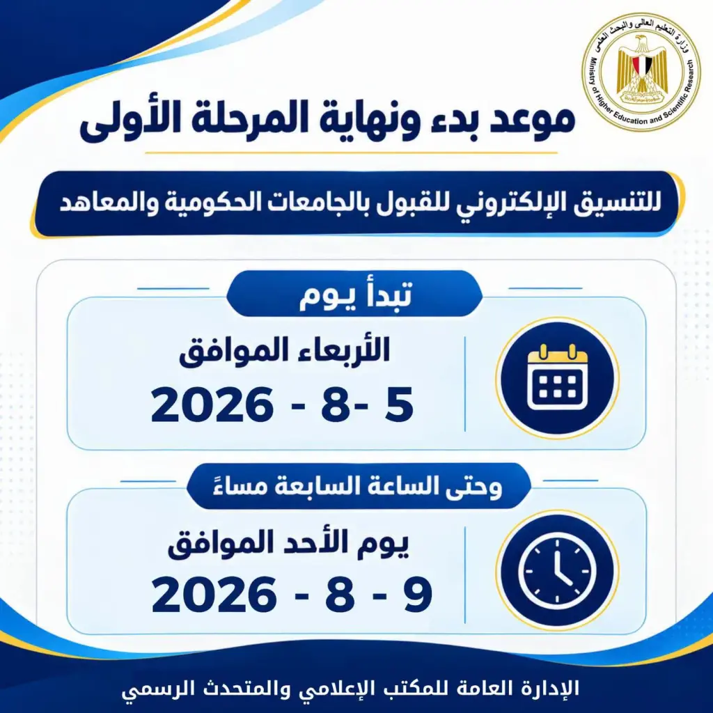 الأربعاء بدء تسجيل رغبات المرحلة الأولى للقبول بالجامعات الحكومية والمعاهد